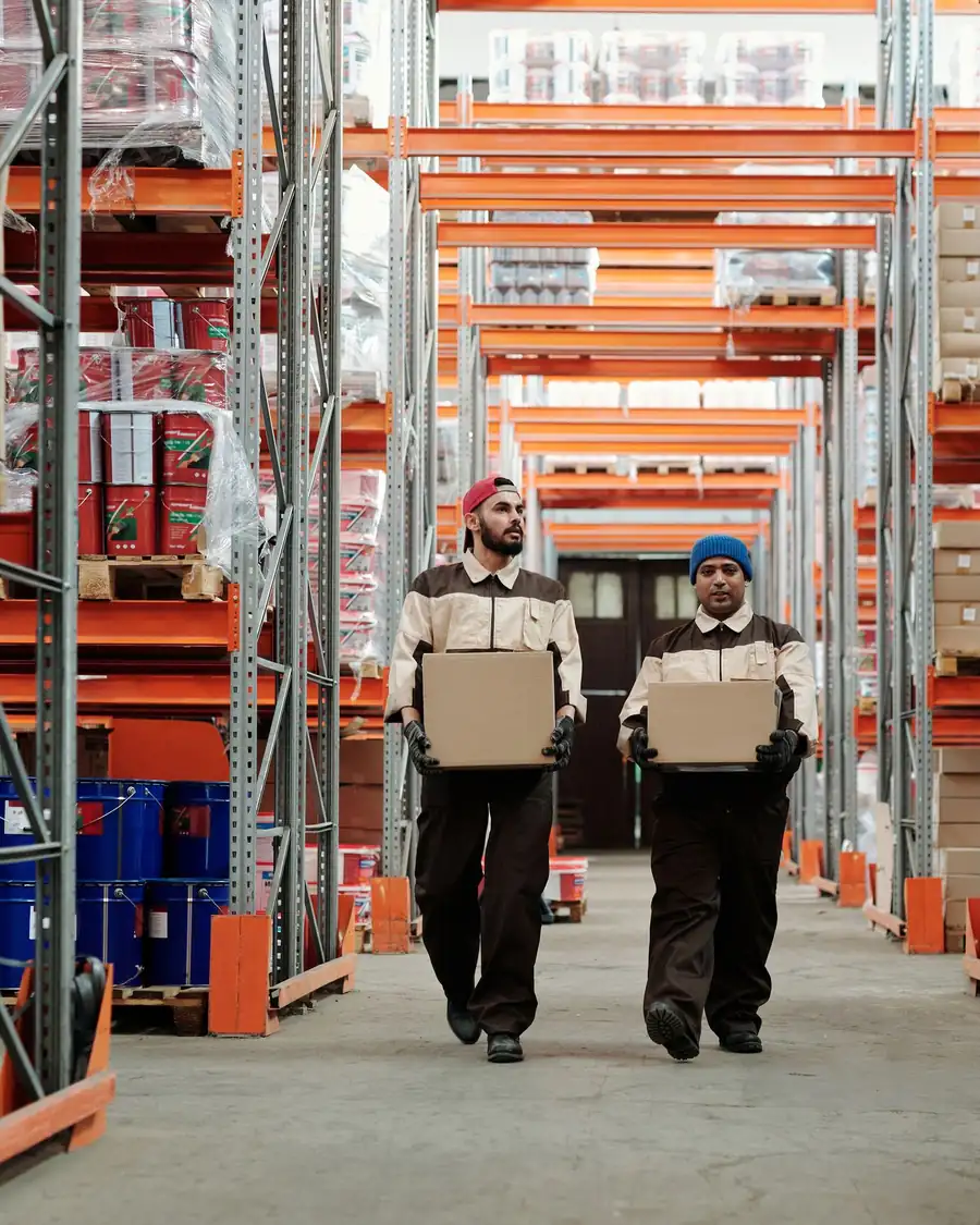 Two workers carrying parcels down a warehouse aisle.